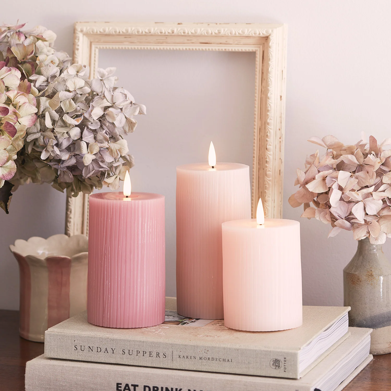 TruGlow® Blush Pink Ribbed LED Pillar Candle Trio - Image 5
