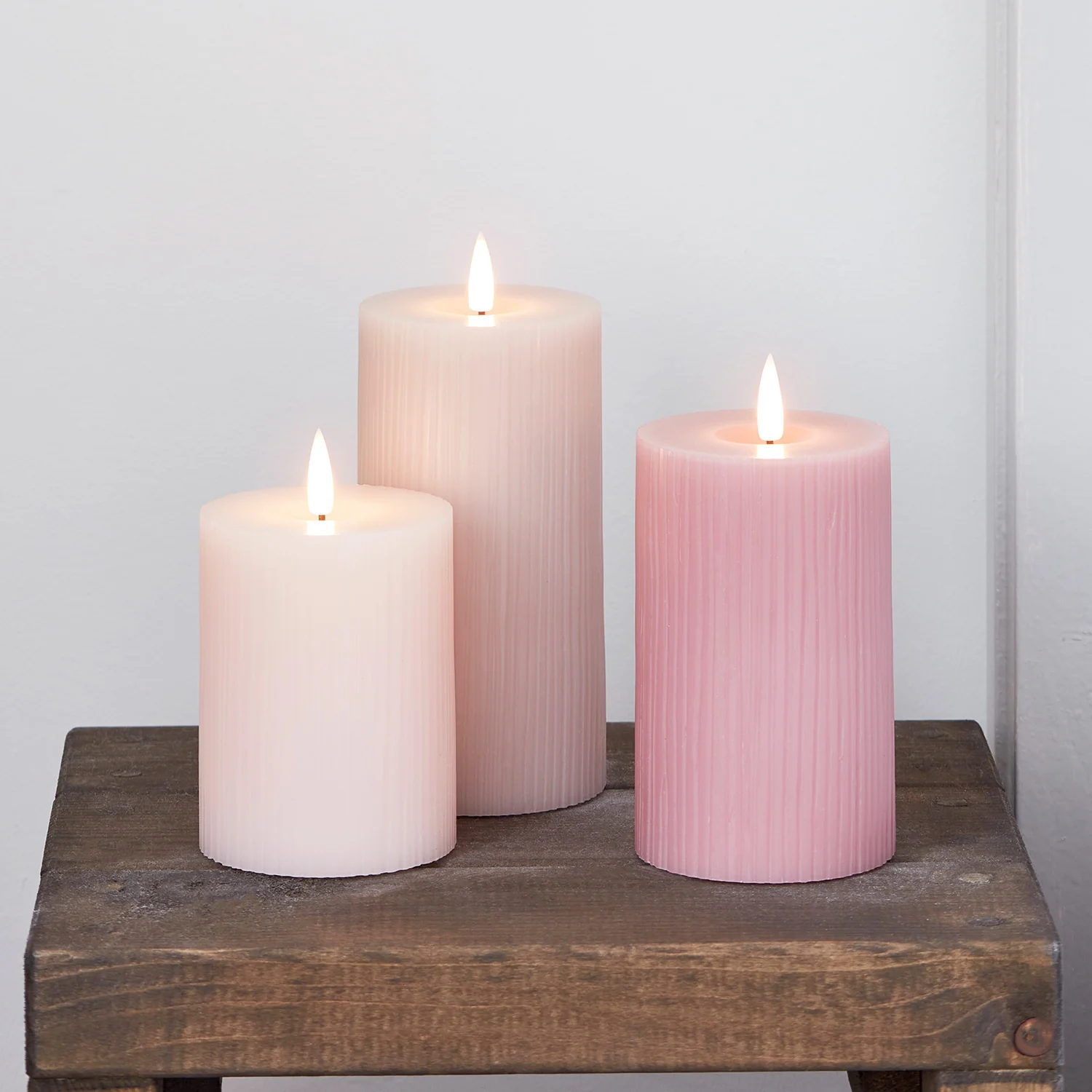 TruGlow® Blush Pink Ribbed LED Pillar Candle Trio - Image 6