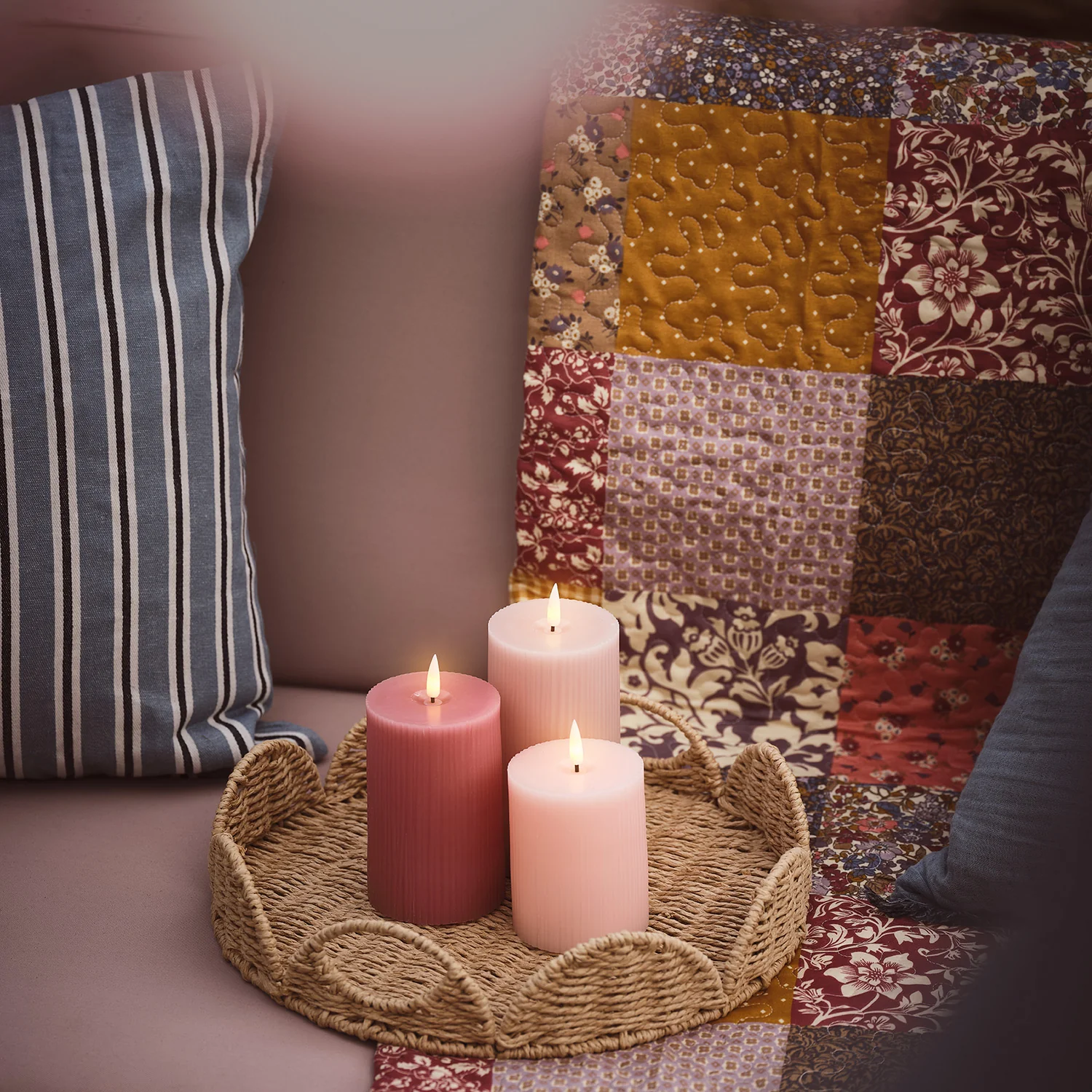 TruGlow® Blush Pink Ribbed LED Pillar Candle Trio - Image 8