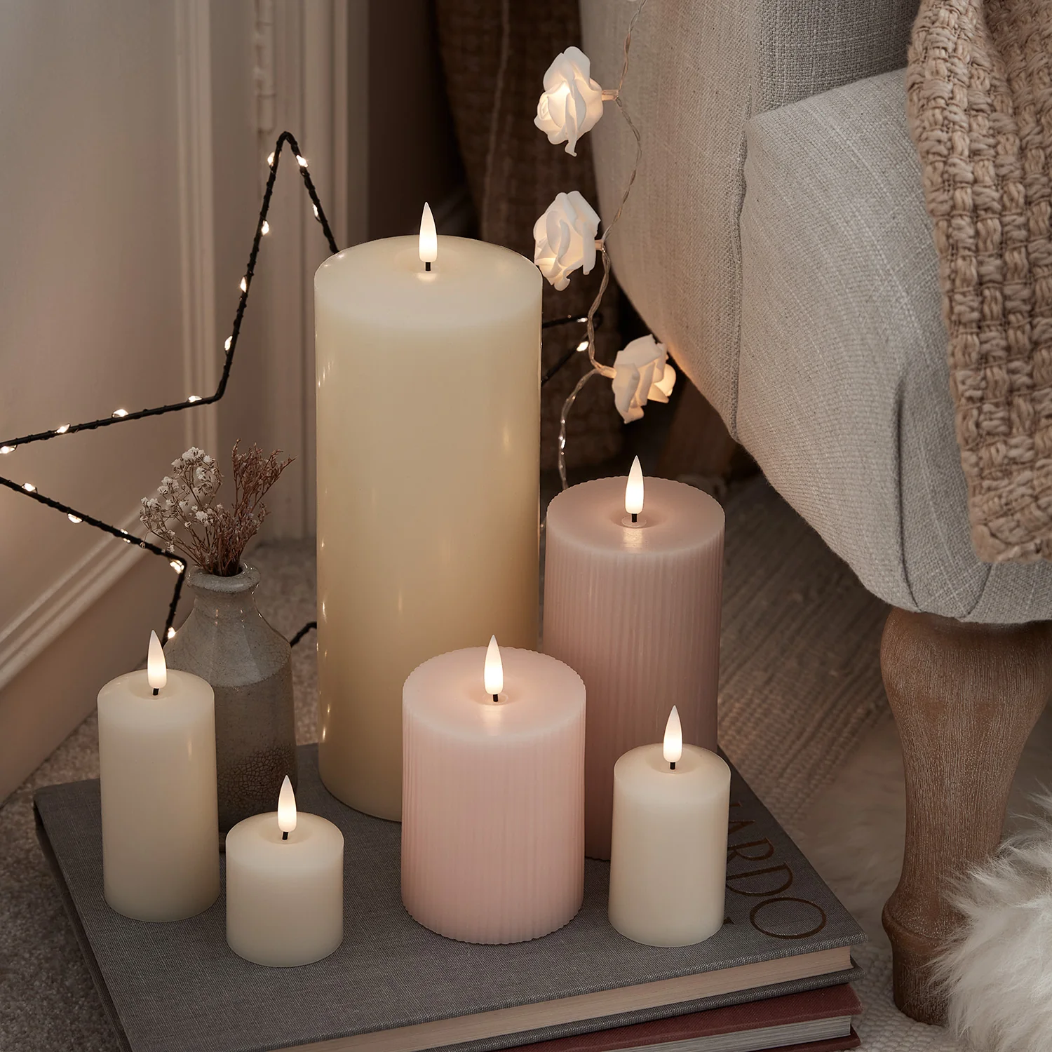 TruGlow® Blush Pink Ribbed LED Pillar Candle Trio - Image 9
