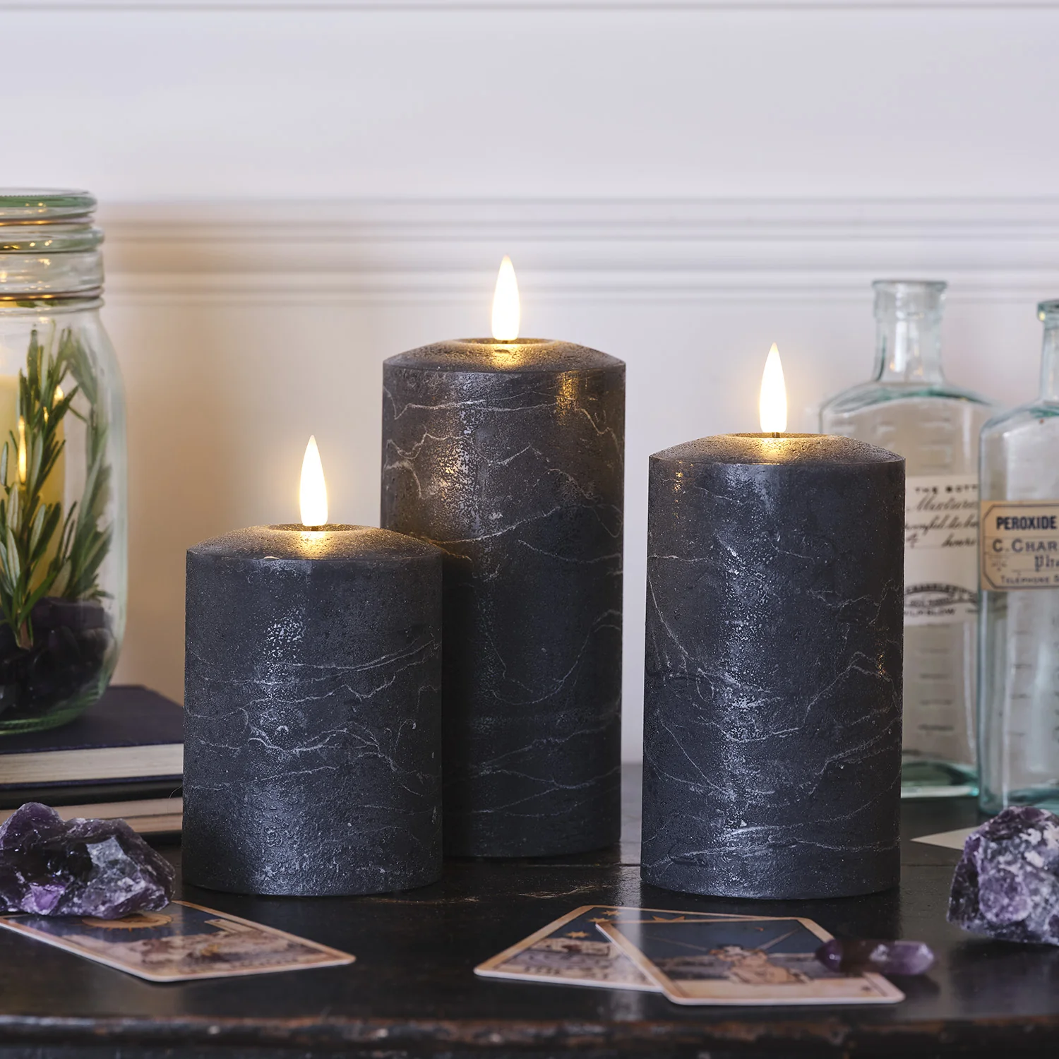 TruGlow® Dark Grey Distressed LED Pillar Candle Trio - Image 3