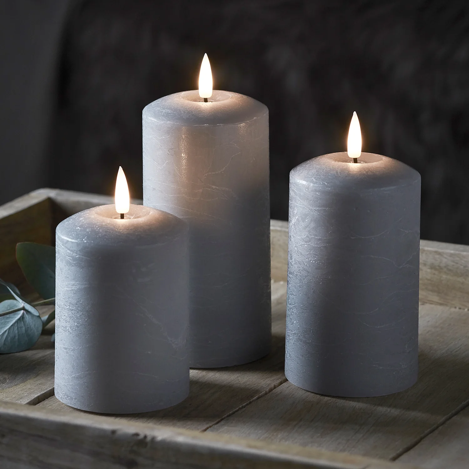 TruGlow® Grey Distressed LED Pillar Candle Trio with Remote - Image 3