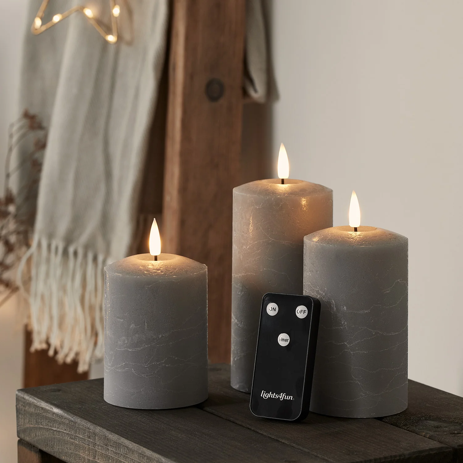 TruGlow® Grey Distressed LED Pillar Candle Trio with Remote - Image 4