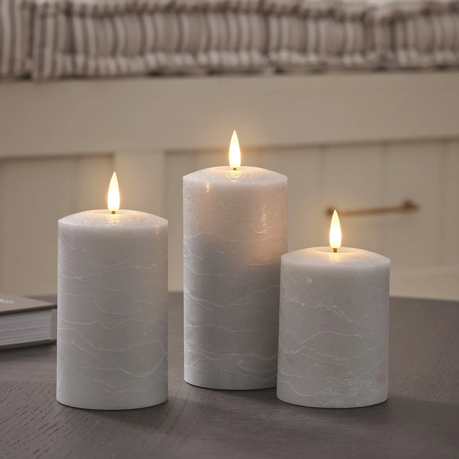 TruGlow® Grey Distressed LED Pillar Candle Trio with Remote - Image 5