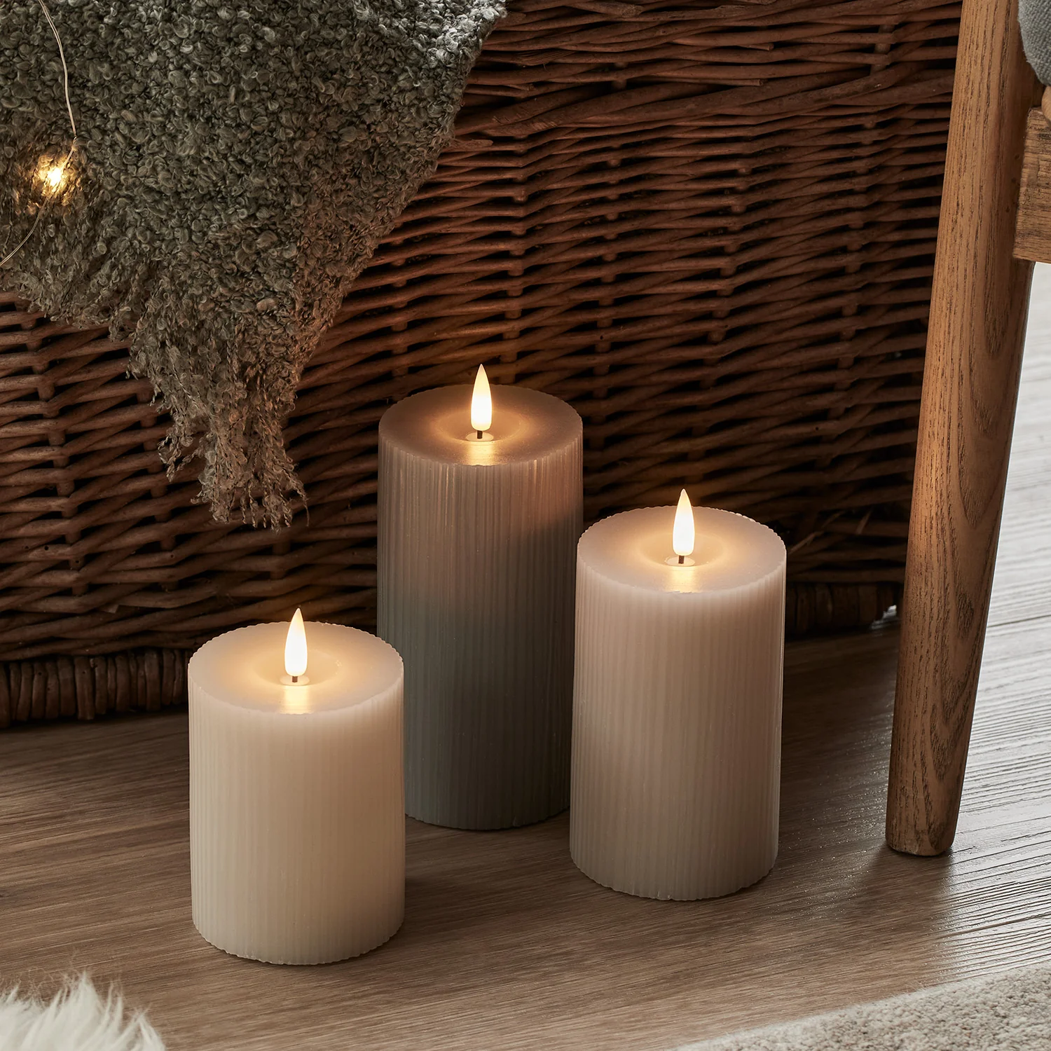 TruGlow® Grey Ribbed LED Pillar Candle Trio - Image 2