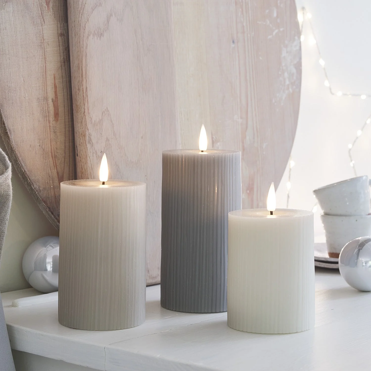 TruGlow® Grey Ribbed LED Pillar Candle Trio - Image 3