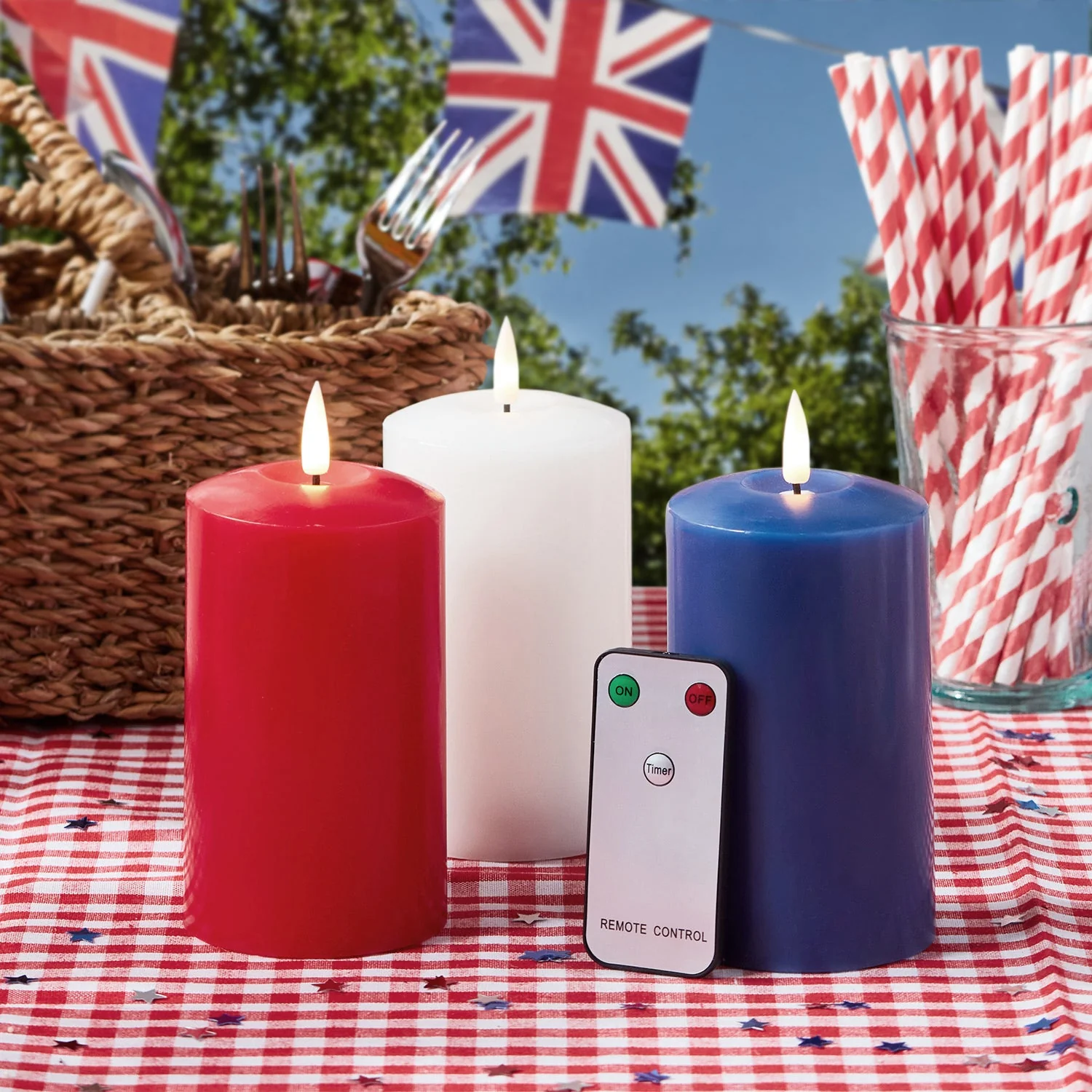 TruGlow® Red, White & Blue LED Pillar Candle Trio with Remote Control - Image 2