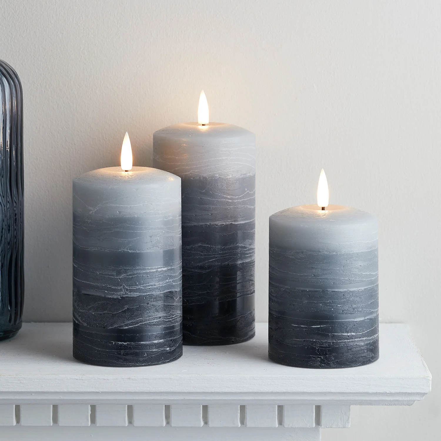TruGlow® Stacked Grey LED Pillar Candle Trio with Remote Control - Image 2