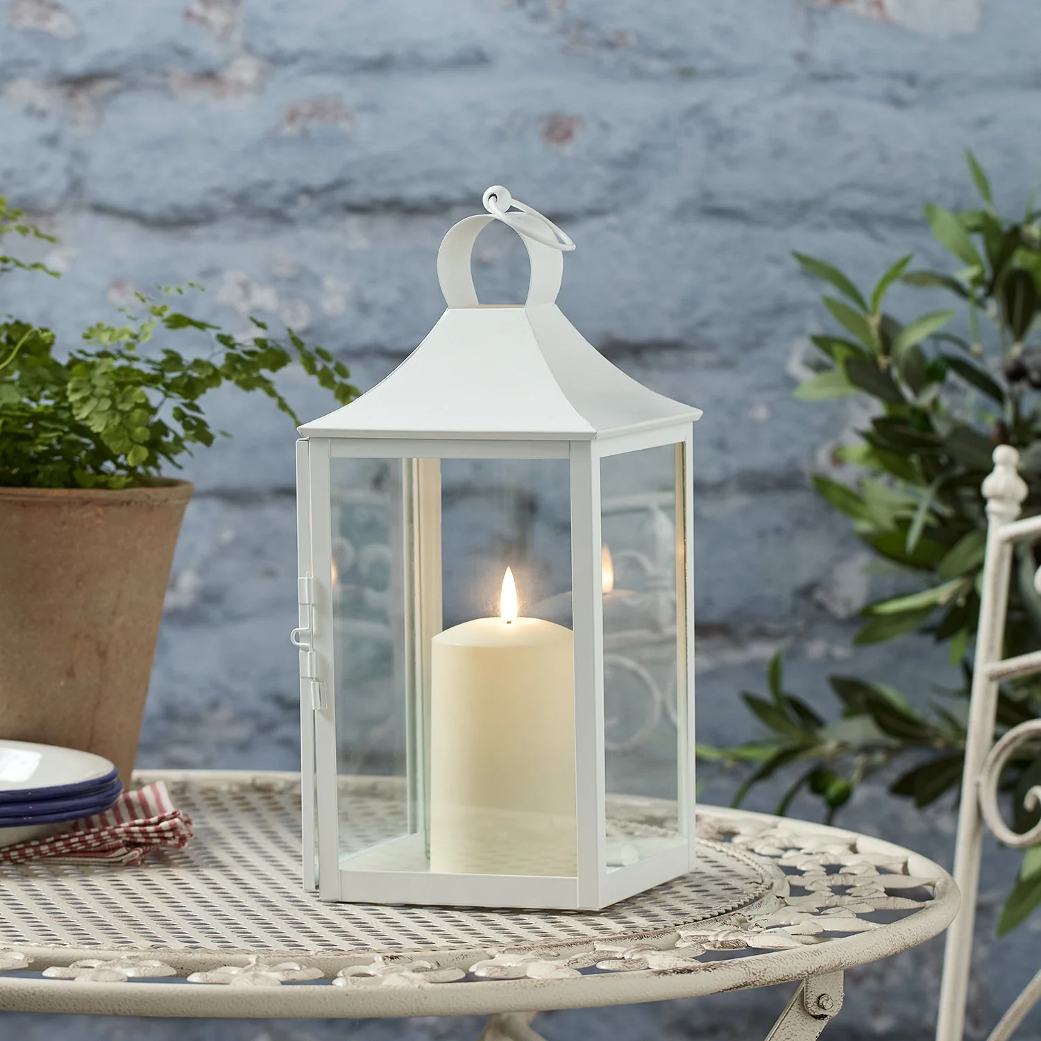 34cm Albury White Garden Lantern with TruGlow® Candle - Image 4