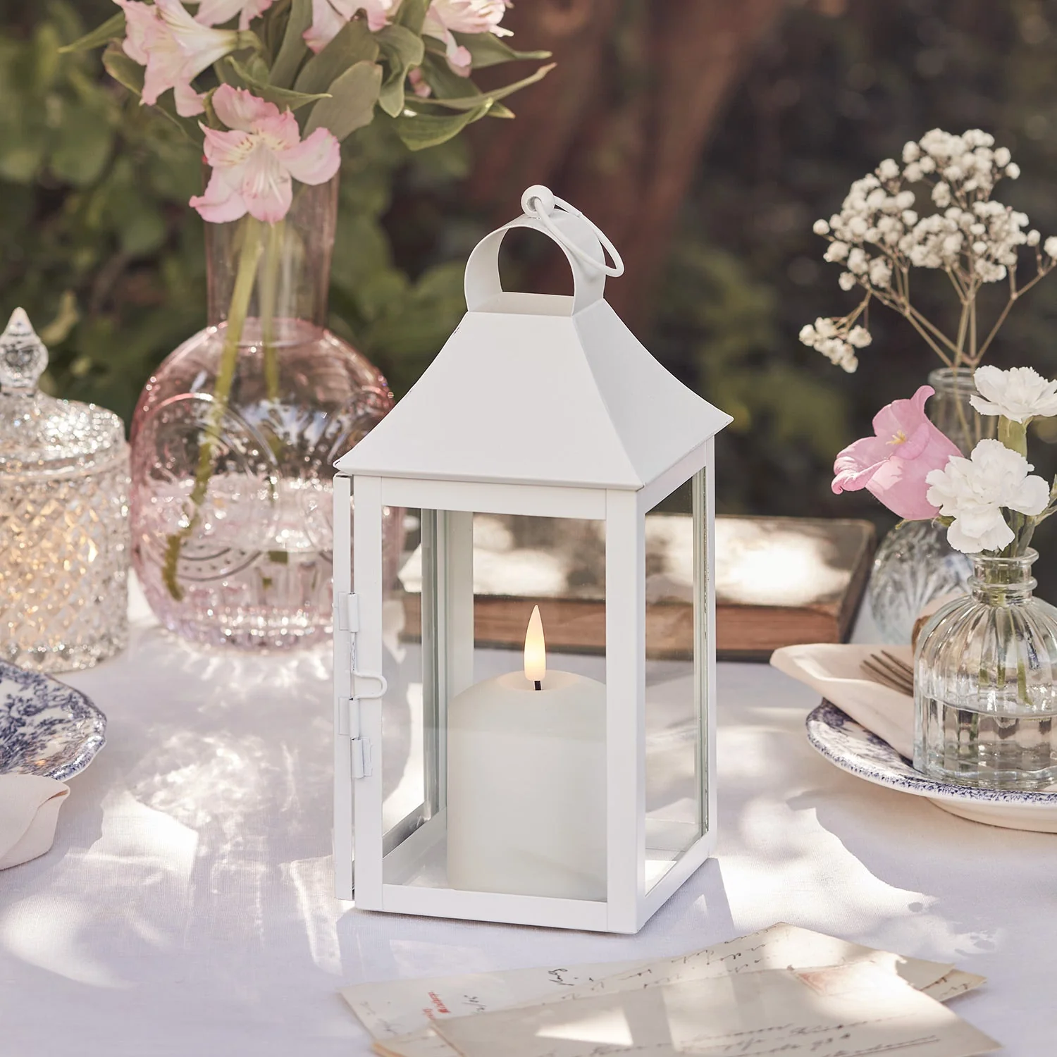 25cm Albury White Garden Lantern with TruGlow® Candle - Image 3